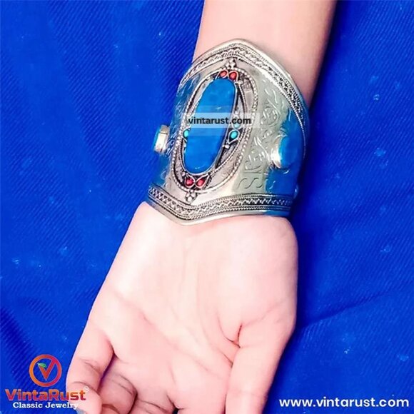 Single Kuchi Lapis Lazuli Cuff Bracelet: Vintage Tribal Boho Jewelry - Picture 10 of 13